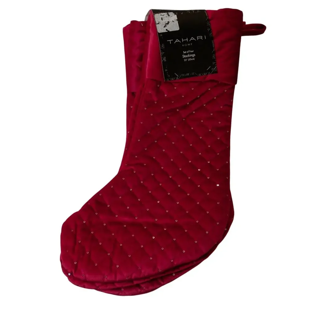 NWT Tahari Set of 4 22in Red Velvet Quilted Christmas Stockings Sequins